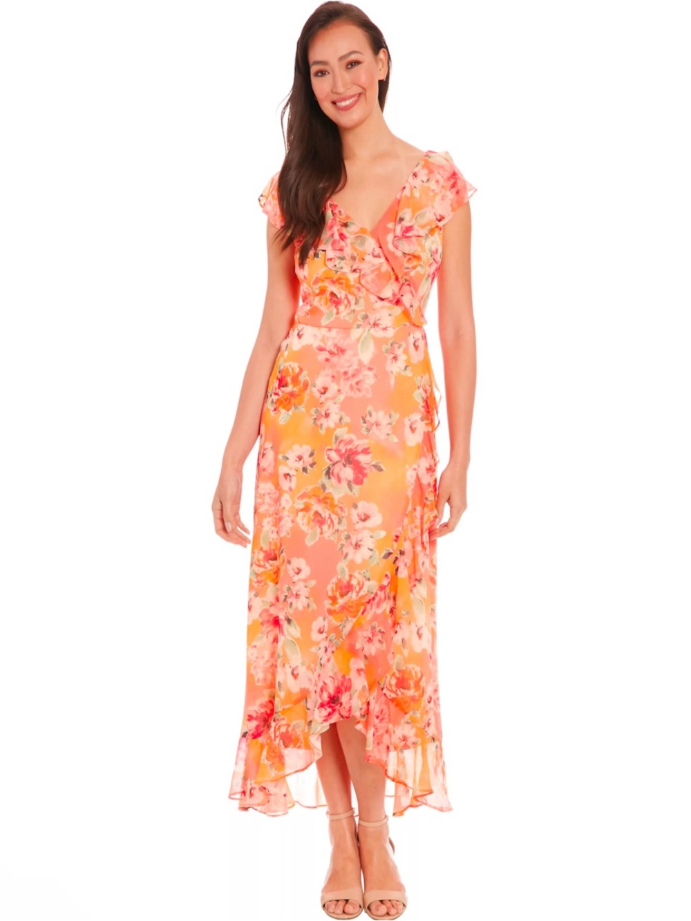 London Times Peach Floral High-Low Wrap Dress